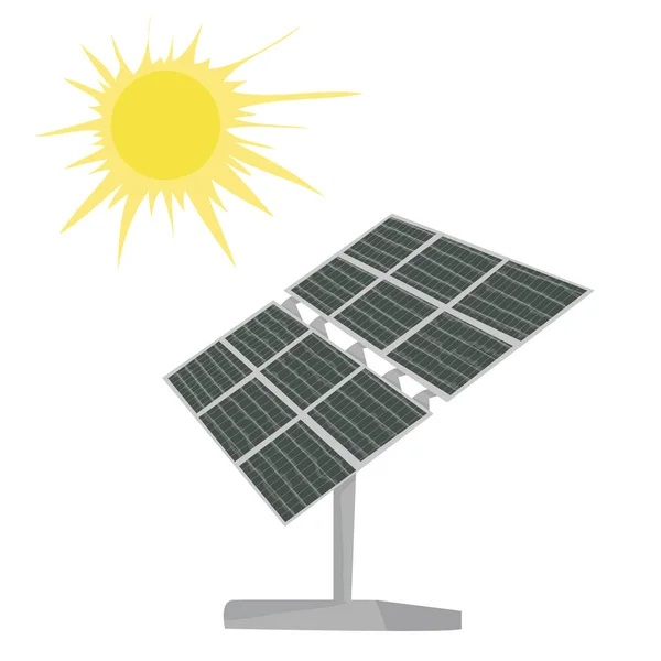 Güneş panelleri. Karbonsuz yenilenebilir enerji kaynakları. Çevre dostu üretim. Ekoloji. Güneş bataryayı şarj eder. Vektör düzlüğü beyaz arkaplanda izole