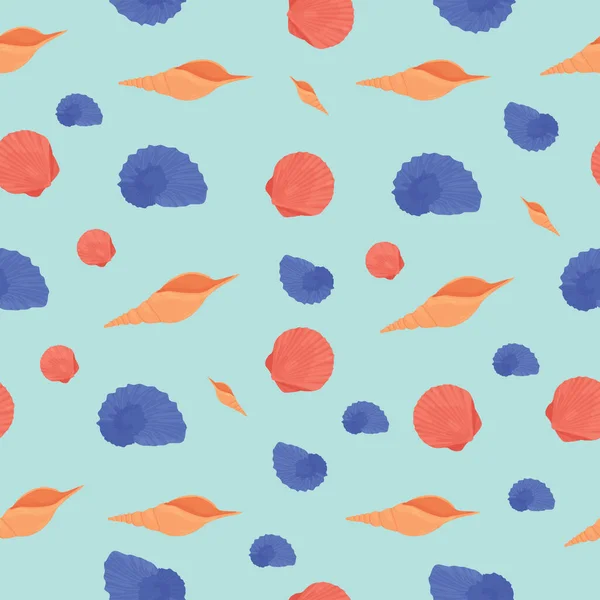 Mavi arka planda deniz kabuğu deseni var. Farklı tipte mermiler. Deniz yaşamı. Kumsal. Tropikal iklim ve fauna. Vektör düzlüğü Paket kağıdı, kartpostal, duvar kağıdı için arkaplan