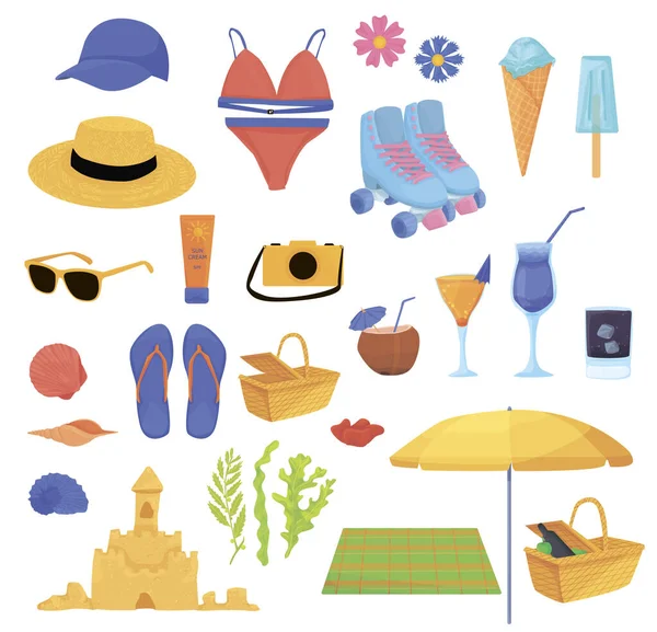 Yazlık eşyalar beyaz arka planda izole edilmiş. Sahilde bir yaz tatili için özellikler, aktif bir yaşam tarzı. Güneş gözlüğü, şapka, güneş kremi, bigudiler, yaz içkileri ve dondurma..