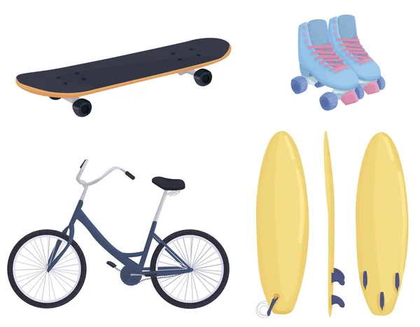 Set Sports Items Skateboard Roller Skates Bike Surfboard Isolated White — Stock Vector