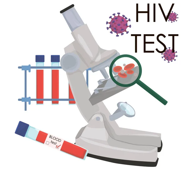 HIV testi analizleri. Cinsel yolla bulaşan hastalıklar için kan bağışlamak. AIDS günü. Kan testlerini mikroskopla kontrol ediyorum. vektör düzlüğü.