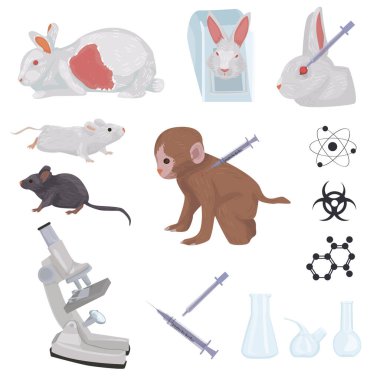 Hayvanlar üzerinde test. Simgeleri beyaz arkaplanda izole et. Laboratuvar, endüstriyel girişim. Tavşanlar, kemirgenler ve maymunlar üzerinde ilaç ve kozmetik testleri. Tıbbi aletler. vektör düzlüğü.