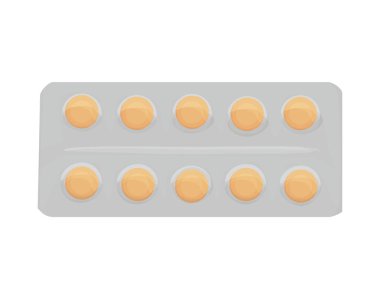 Beyaz arka planda izole edilmiş pakette yuvarlak sarı haplar. Uyuşturucu mankeni. İlaç reklamı. İlk yardım çantası. vektör düzlüğü.