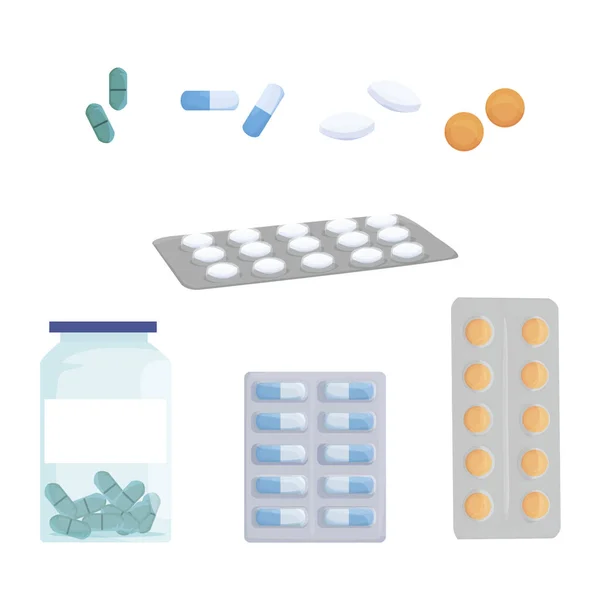 Paketlemede farklı haplar var ve beyaz arka planda izole edilmemiş. Yuvarlak tabletler, oval kapsüller haplar. Uyuşturucu mankeni. Tıbbi ürünlerin reklamı. Eczane. vektör düzlüğü.