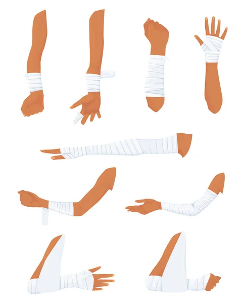Ensemble Mains Bandées Dans Différentes Positions Processus Bandage Bandages Médicaux — Image vectorielle