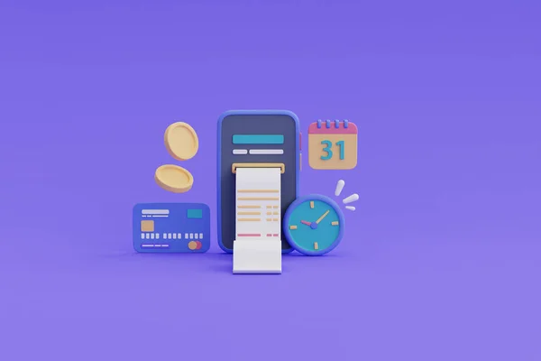 Digital payment or online cashback service concept, smartphone,floating coins,credit card,calendar,watch and bill .3d render.