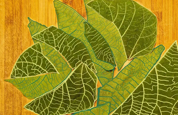 Части Зеленых Листьев Украшены Цветными Линиями Стоящими Деревянном Фоне — стоковое фото