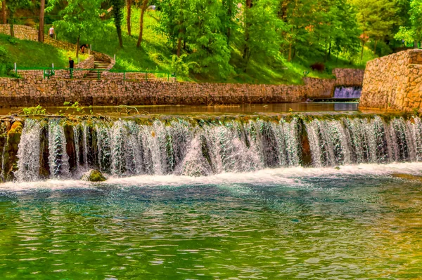 Természetes Szépség Pliva Hegyi Folyó Miközben Halad Keresztül Város Jajce — Stock Fotó