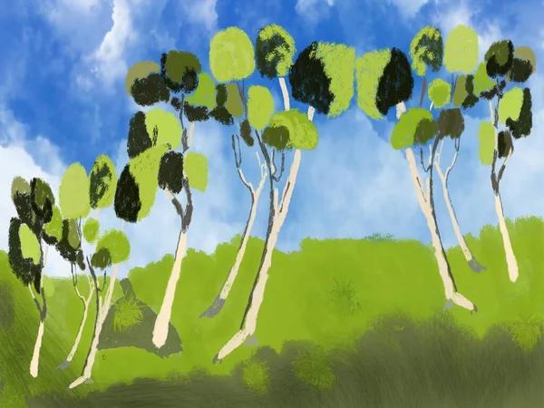 Ilustracja Drzew Stojących Zielonej Trawie Niebieskim Tle Nieba Obraz Stockowy