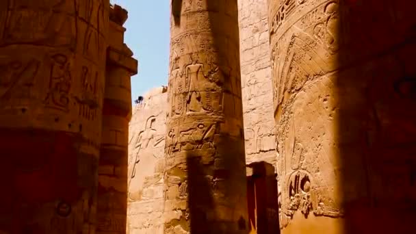 埃及卢克索卡尔纳克神庙内柱子上的各种象形文字 标志和符号 — 图库视频影像