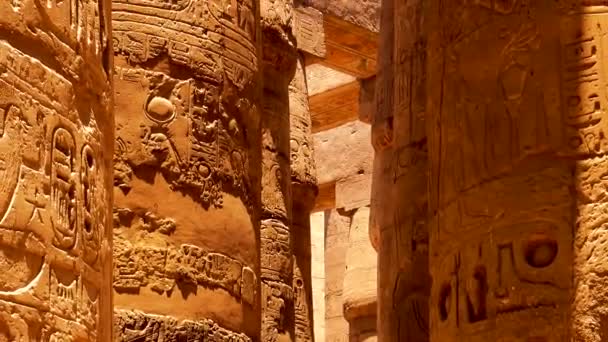 Jeroglíficos Varios Símbolos Pilares Dentro Del Templo Karnak Luxor Egipto — Vídeos de Stock