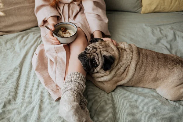 A girl in wool socks has breakfast porridge in bed with her friend pug.