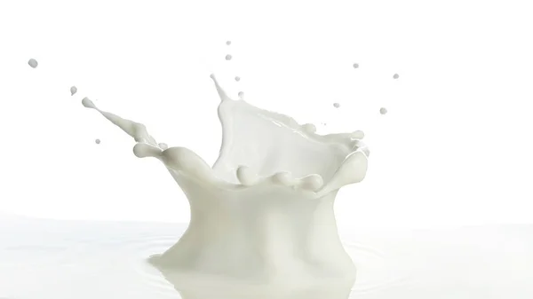 Gieten Van Melk Splash Geïsoleerde Witte Achtergrond — Stockfoto