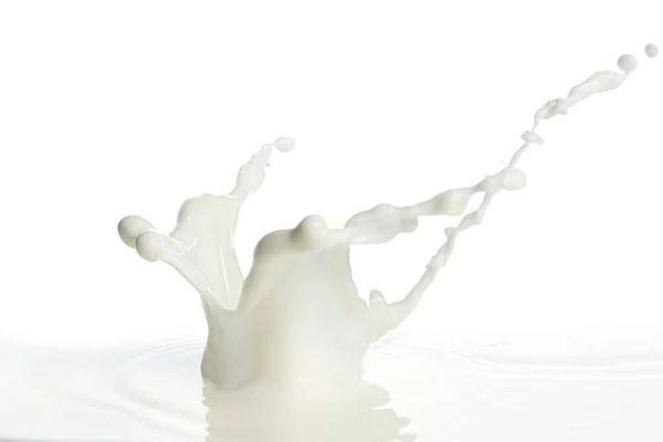 Menuangkan Memercikkan Susu Latar Belakang Putih Yang Terisolasi — Stok Foto