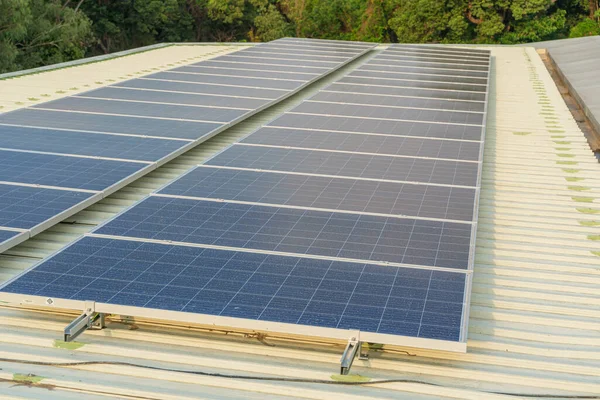 Zonnepanelen Geïnstalleerd Het Dak Van Een Groot Gebouw Zitten Vol — Stockfoto