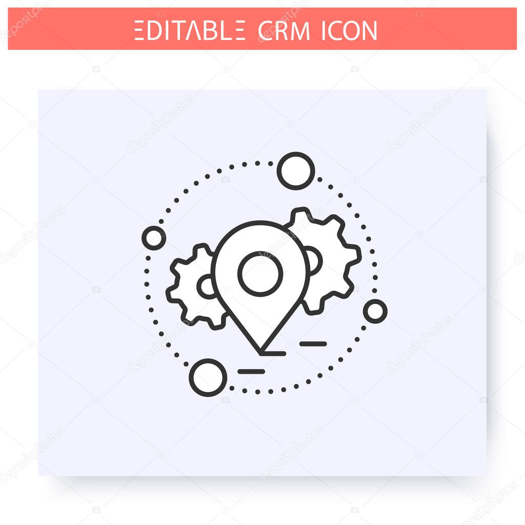 Geolocation technology line icon.Location based geographic marketing campaigns crm service.Automating workflow processes.Customer relationship management. Isolated vector illustration.Editable stroke