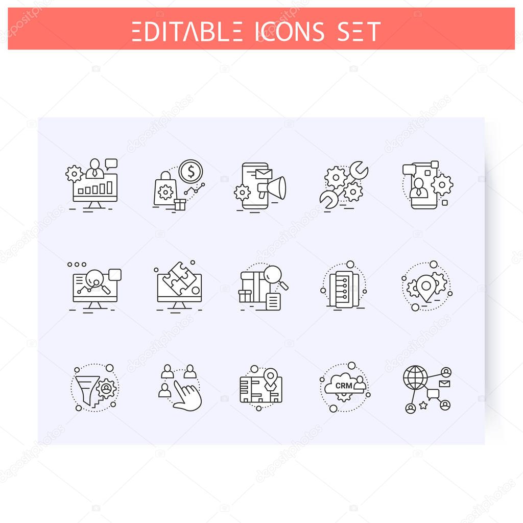 Types of CRM systems line icons set. Different crm services and duties. Automating workflow and business processes. Customer relationship management. Isolated vector illustration. Editable stroke