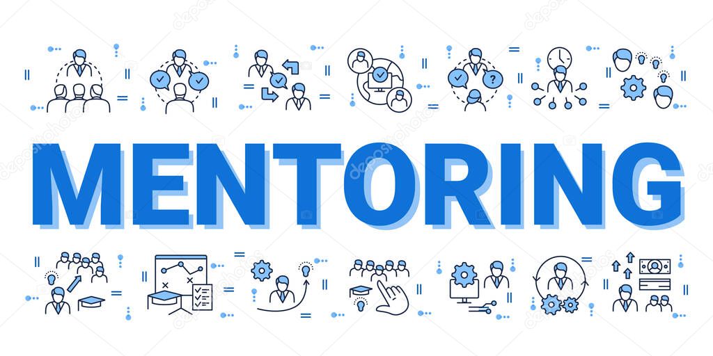 Mentoring concept. Guidance consulting in business, finance or management. Word and icons composition banner. Presentation, design website. Isolated lettering typography idea