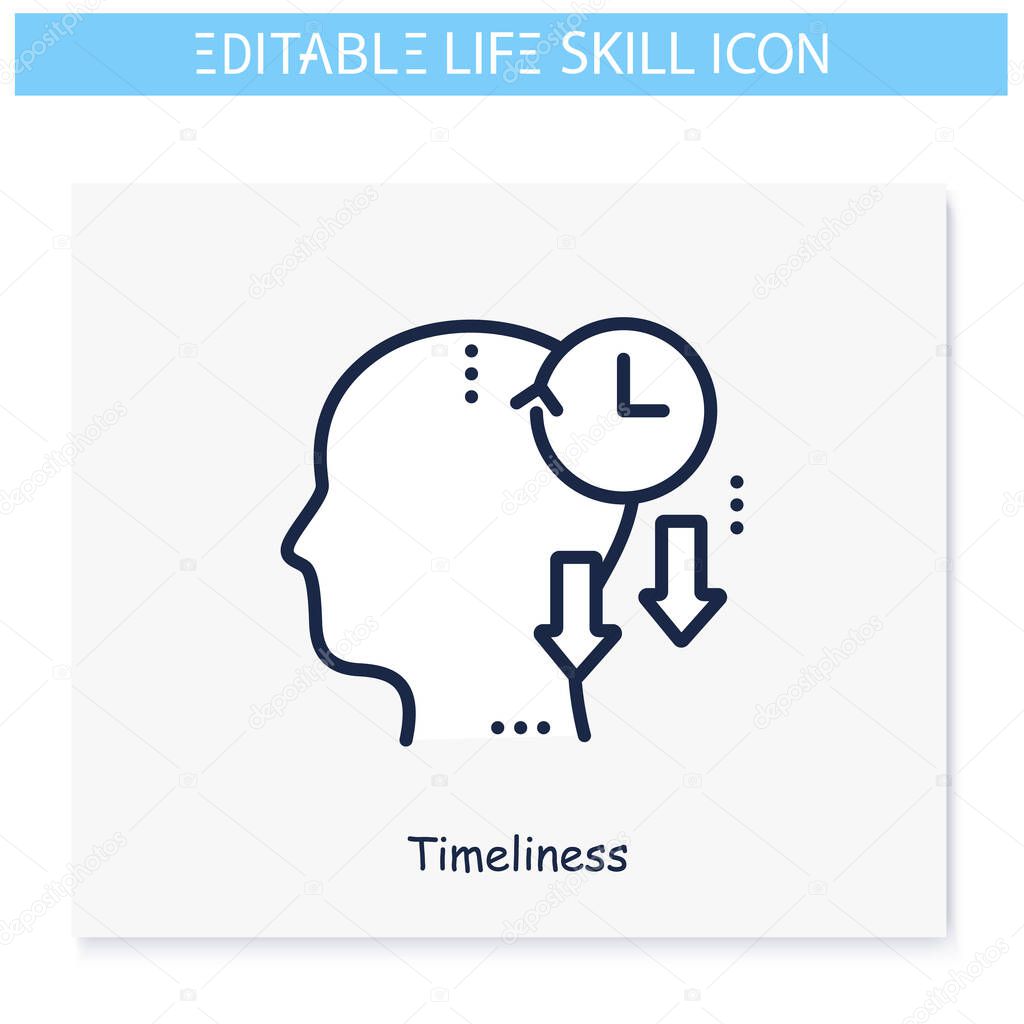 Timeliness line icon. Time management skill. Personality strengths and characteristics.Soft skills concept. Human resources management. Self improvement. Isolated vector illustration.Editable stroke