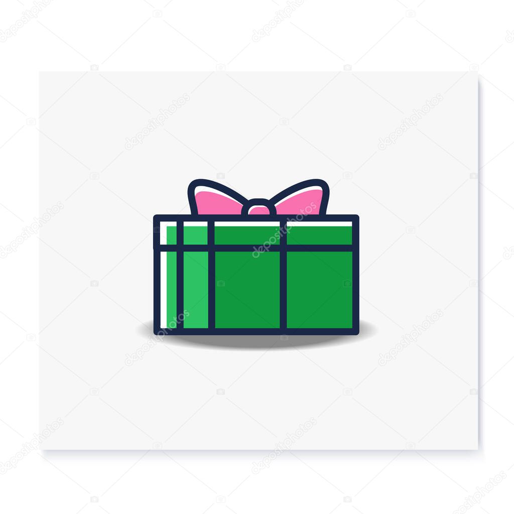 Present color icon. Gift box with bow ribbon. Holiday congratulation, surprise concept. Holiday offer. Christmas, new year, birthday celebration symbol. Isolated vector illustration