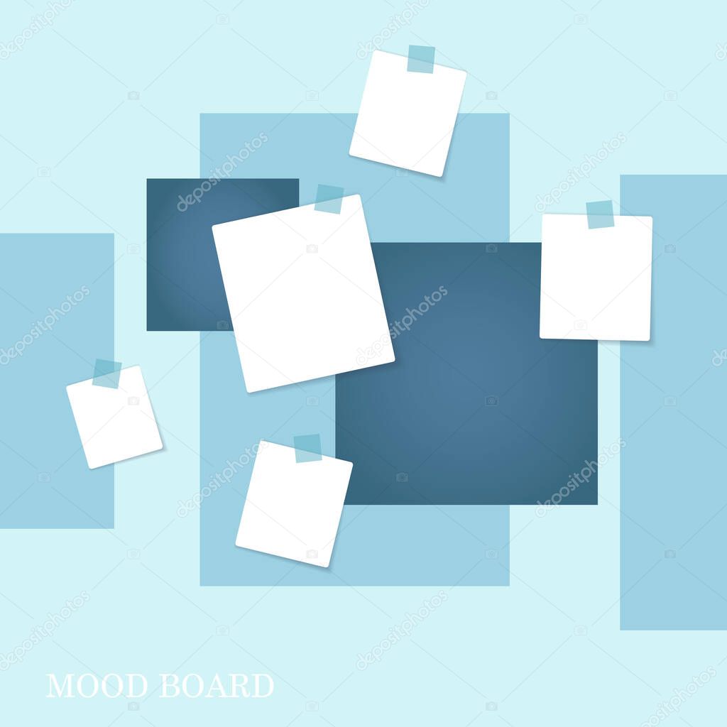 Sticky notes, blue and white pastel square elements, color mood board template. Business, planner, visualization. Decorative vector collage composition for presentation and photo frame