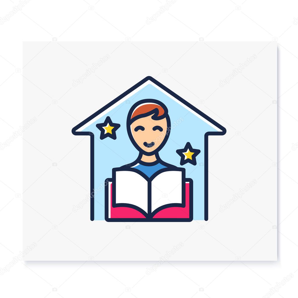 Fun education color line icon. Child demonstrates happiness. Home learning concept. Distant remote teaching and homeschooling. Isolated vector illustration