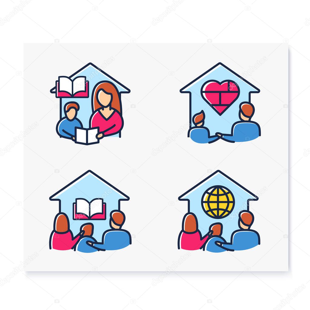 Homeschooling color line icons set . Family together teaches his child. Online education concept. Distant remote teaching and home schooling. Isolated vector illustrations