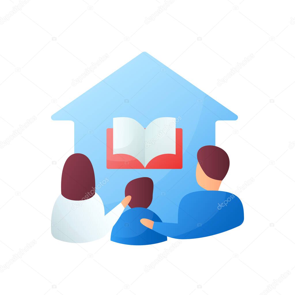 Homeschooling family flat icon. Parents and child spend more time together. Online education concept. Distant remote teaching and homeschooling. Isolated color vector illustration