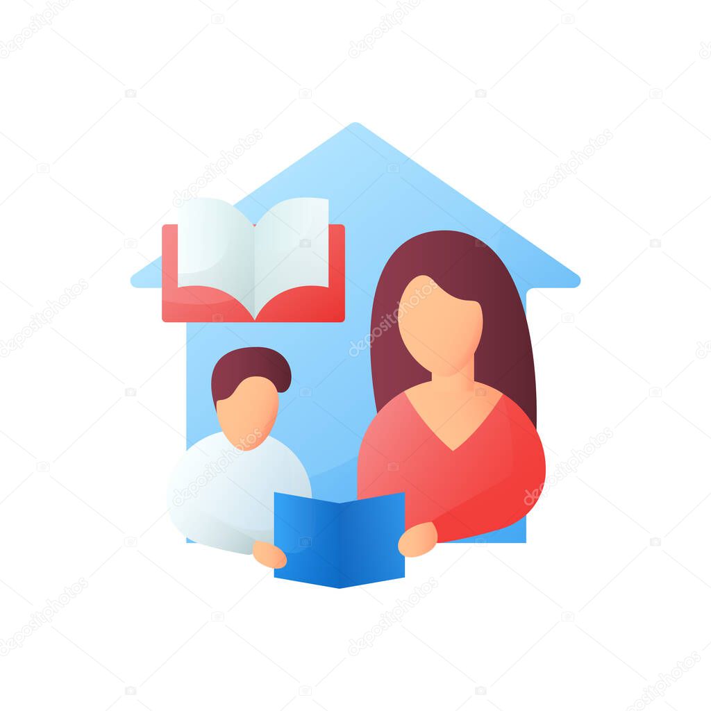 Reading book flat icon. Child learns to translate text with mom. Online education concept. Distant remote teaching and homeschooling. Isolated color vector illustration