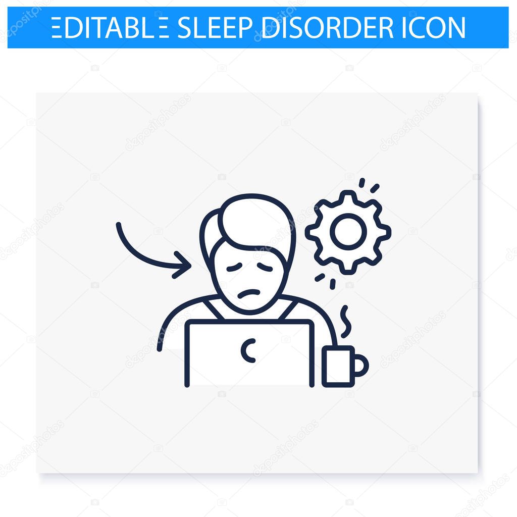 Bad performance at work line icon. Daytime fatigue. Sleep disorder. Healthy sleeping concept. Sleep problems treatment. Stress. Powerlessness. Health care.Isolated vector illustration.Editable stroke