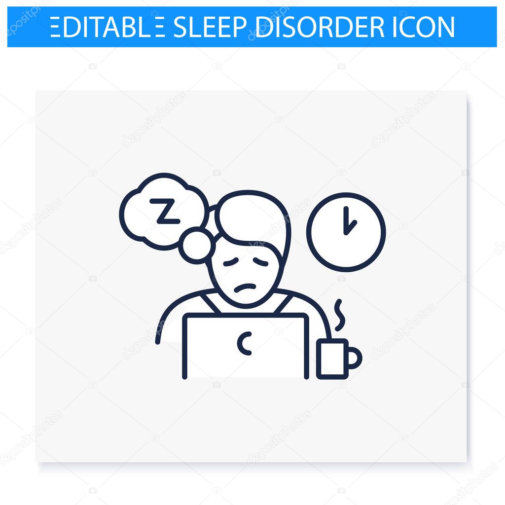 Daily nap need line icon. Daytime fatigue. Sleep disorder. Healthy sleeping concept. Sleep problems treatment. Stress. Powerlessness. Health care. Isolated vector illustration. Editable stroke