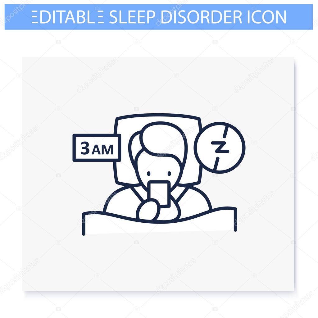 Difficulty falling asleep line icon. Insomnia. Sleep disorder. Healthy sleeping concept. Sleep problems treatment. Falling asleep trouble. Stress. Health care. Isolated editable vector illustration