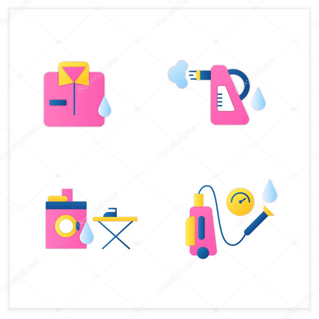 Cleaning services flat icons set.Consists of dry cleaning, laundry, steaming, pressure washing. Cleanup concepts.3d vector illustrations