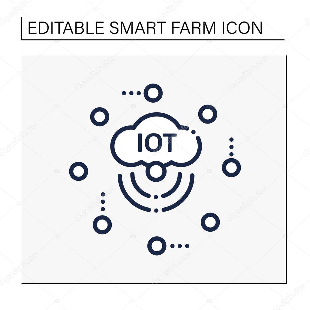 IoT sensors line icon. Join everyday things to internet. Sensors connected network to collect data,utilize information. Agricultural innovation concept. Isolated vector illustration.Editable stroke