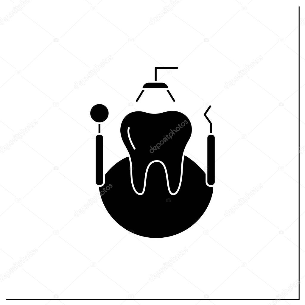 Dental appliances glyph icon. Medical dentist tools. Dental Inspection mirror and probe for teeth. Tooth care concept.Filled flat sign. Isolated silhouette vector illustration