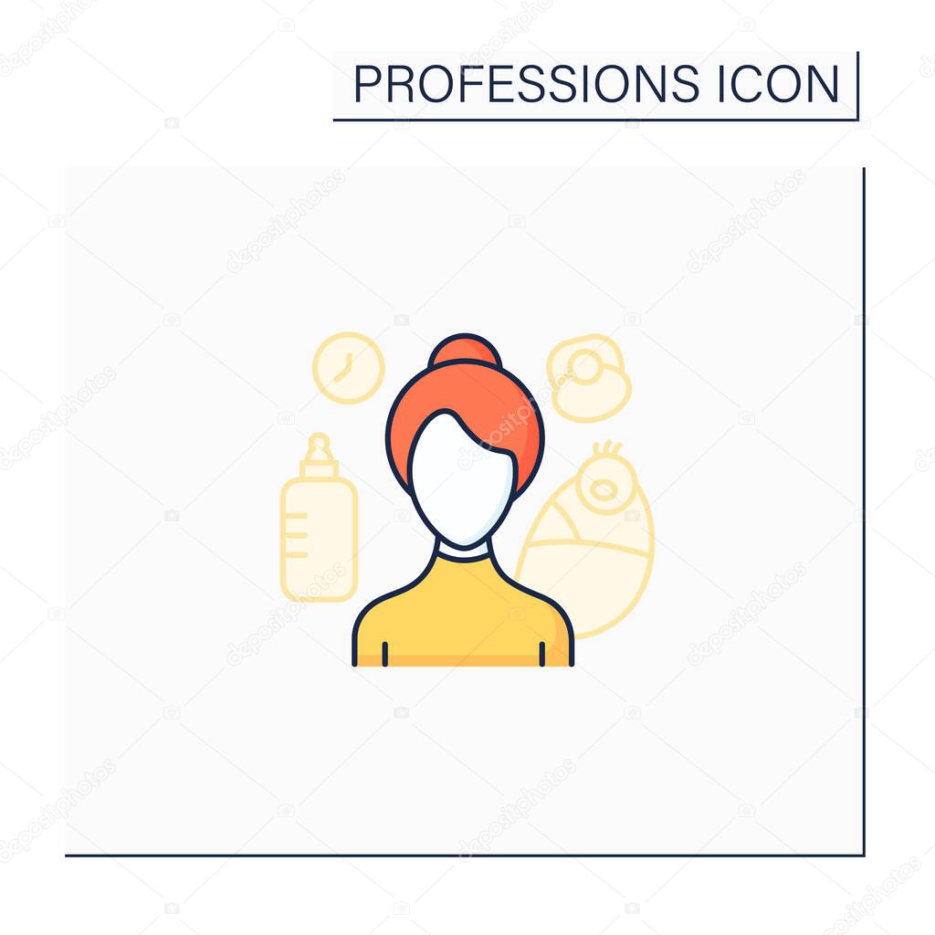 Nanny color icon. Woman provides child care.Babysitter. In home childcare.Important job.Professions concept. Isolated vector illustration