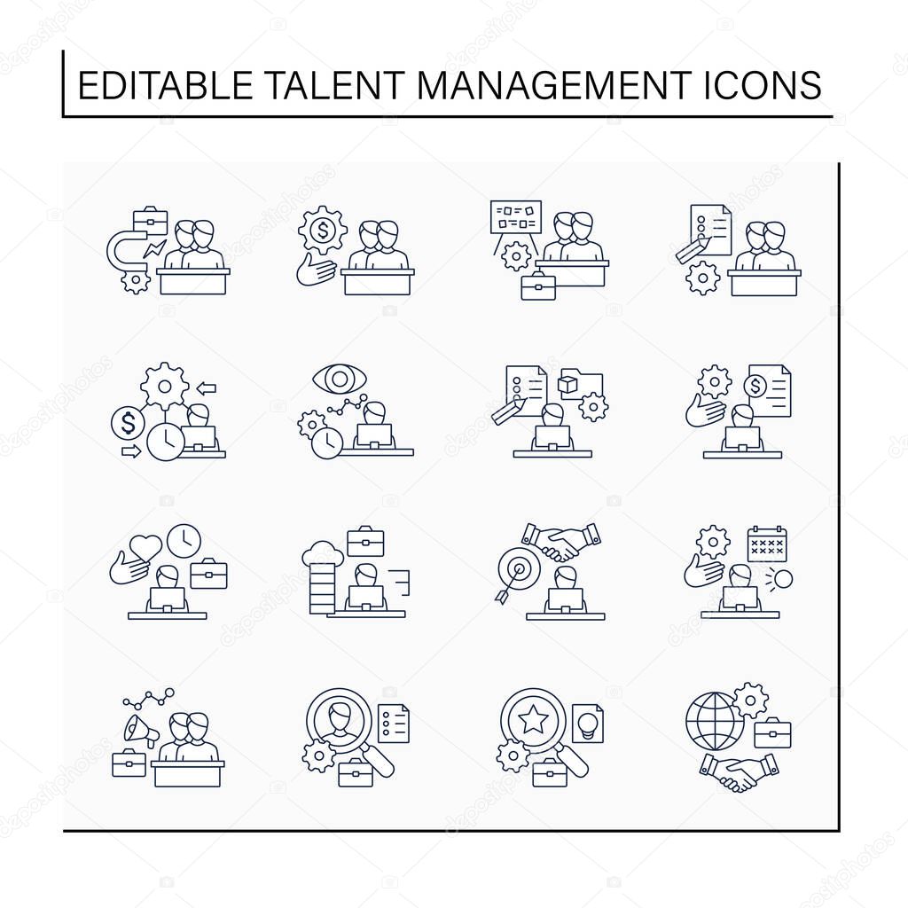 Talent management line icons set.Attracting Employees. Recruitment. Talent development.Business Practice concept. Isolated vector illustrations.Editable stroke