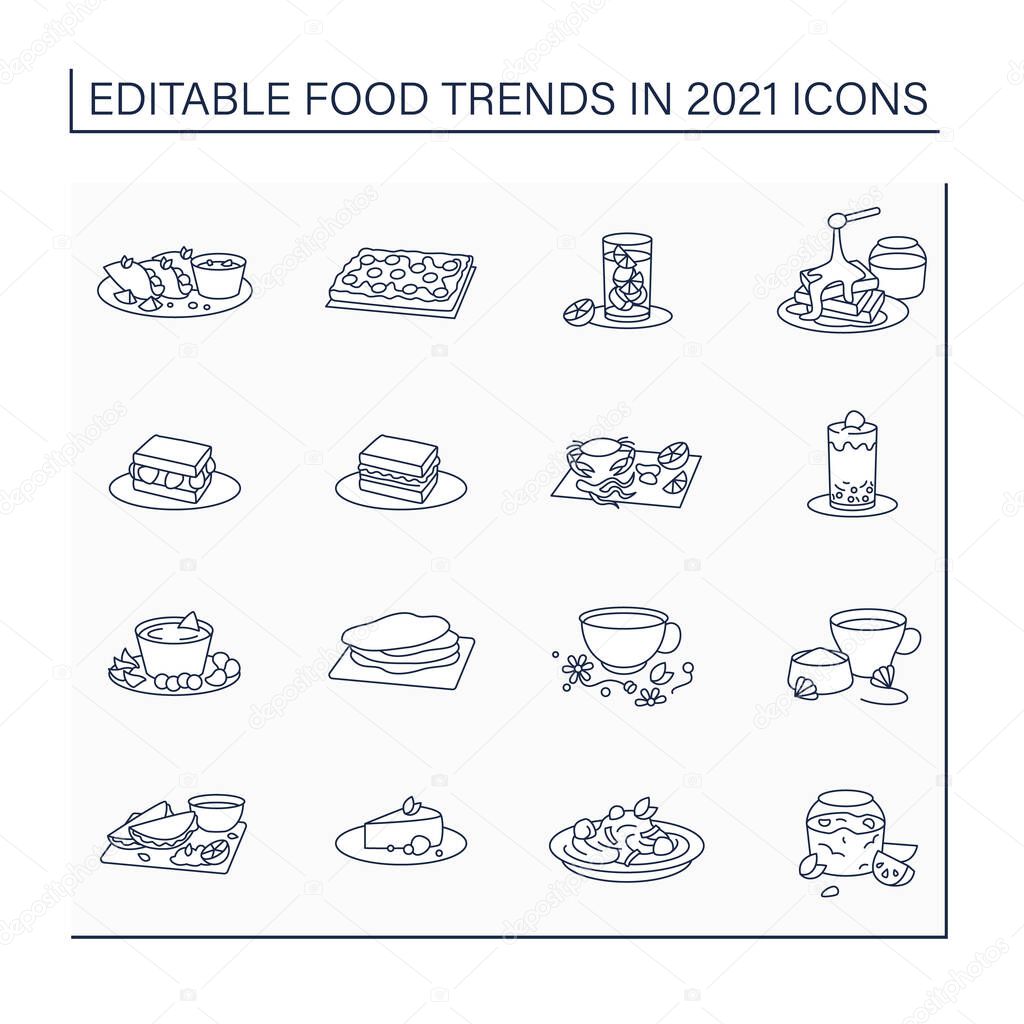 Food trends line icons set. Trendy dishes. Delicious food. New recipes concept. Isolated vector illustrations. Editable stroke