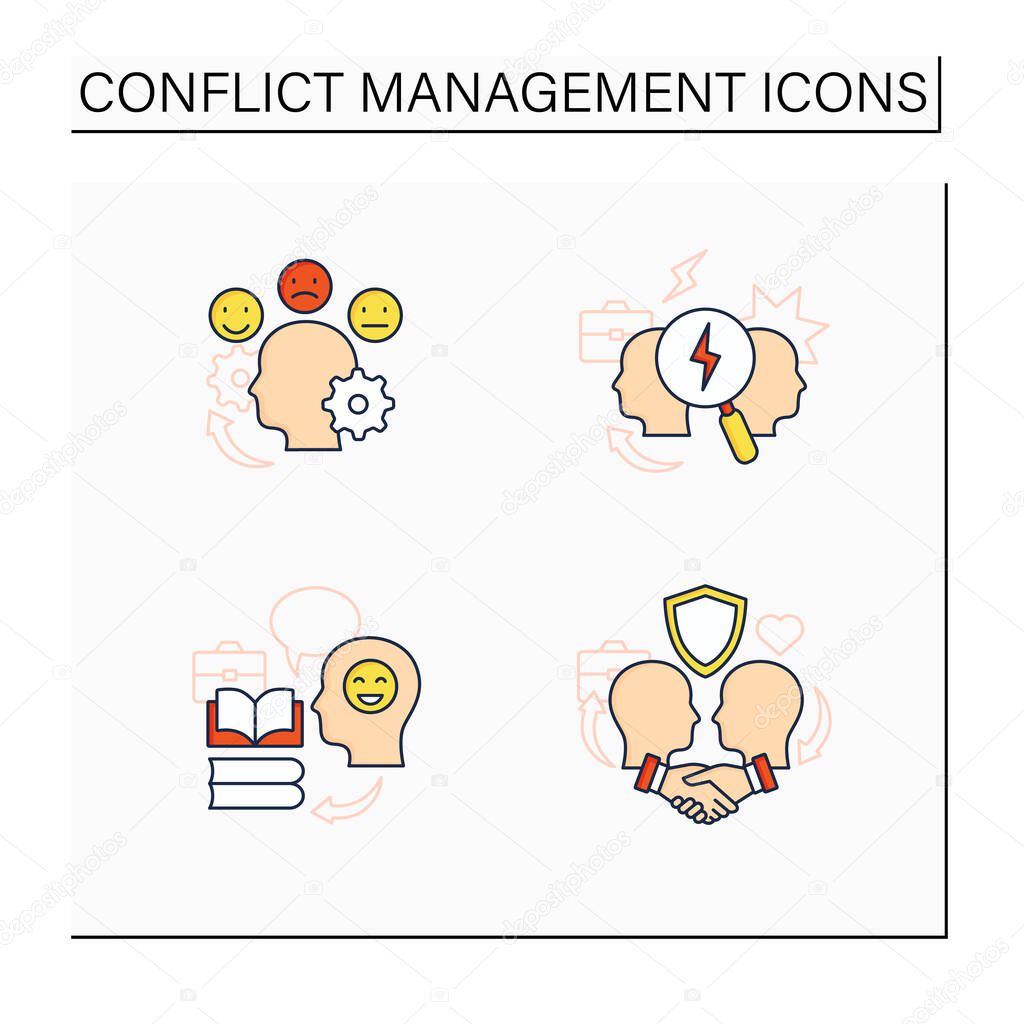 Conflict management color icons set.Teaching positive behaviors, building trust,managing emotions, conflict analysis. Communication concept. Isolated vector illustration