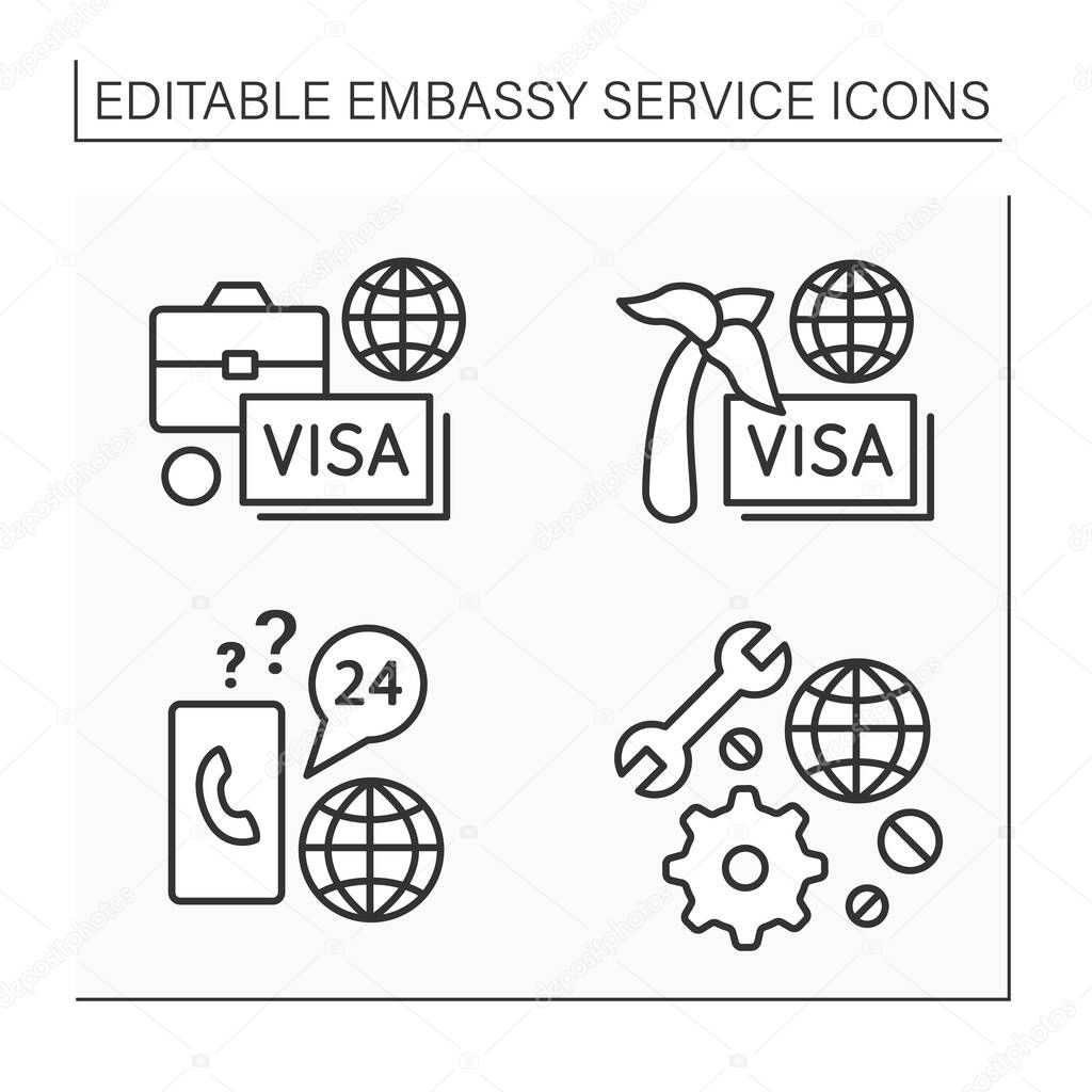 Embassy service line icons set. Travel visa,diplomatic assignment, clientand technical support. Diplomatic mission concept. Isolated vector illustration. Editable stroke