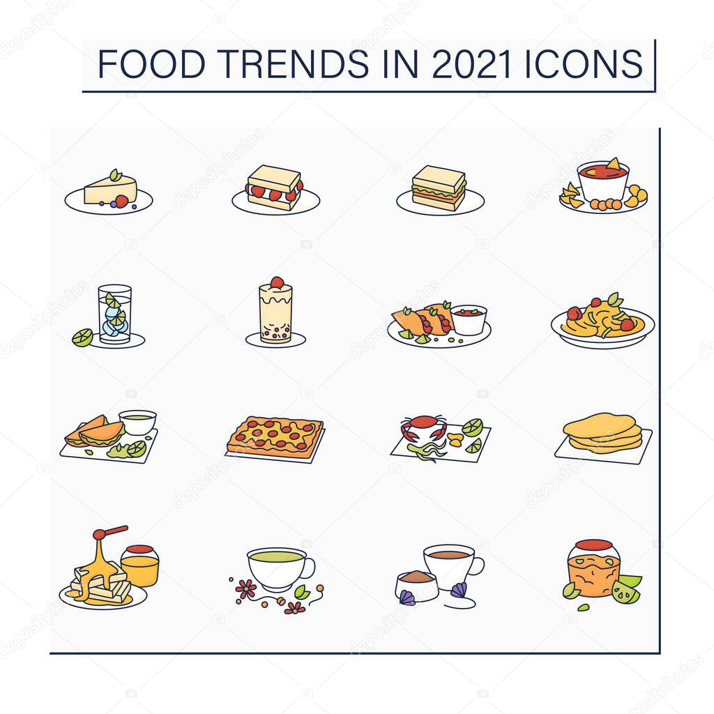 Food trends color icons set. Trendy dishes. Delicious food. New recipes concept. Isolated vector illustrations