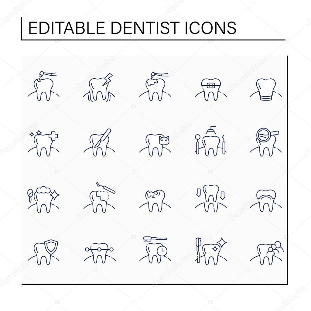 Dentist line icons set. Modern and healthy teeth care concept. Veterinary dentistry, treatment, screening, cosmetic dentistry etc. Isolated vector illustration. Editable stroke