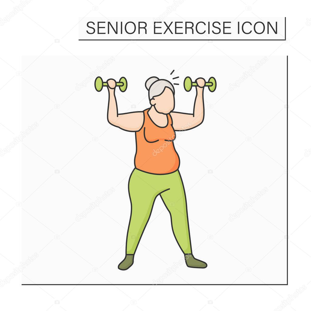 Workout color icon. Exercises with dumbbells. Low impact training. Cardio. Prevention diseases. Senior exercise concept. Isolated vector illustration