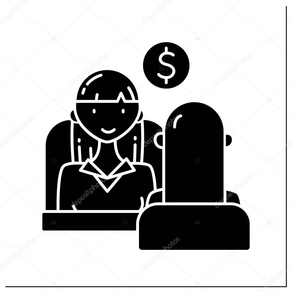 Negotiation glyph icon. Dialogue between two people to reach beneficial outcome over one or more issues where conflict. Successful business.Filled flat sign. Isolated silhouette vector illustration