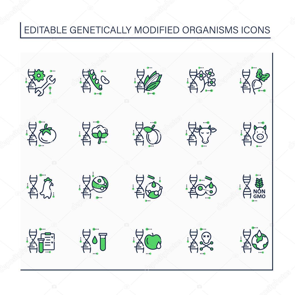 Genetically modified organism line icons set. Genetic engineering.Editing gene.DNA intervention.Microbiology. GMOs impact. Isolated vector illustrations.Editable stroke