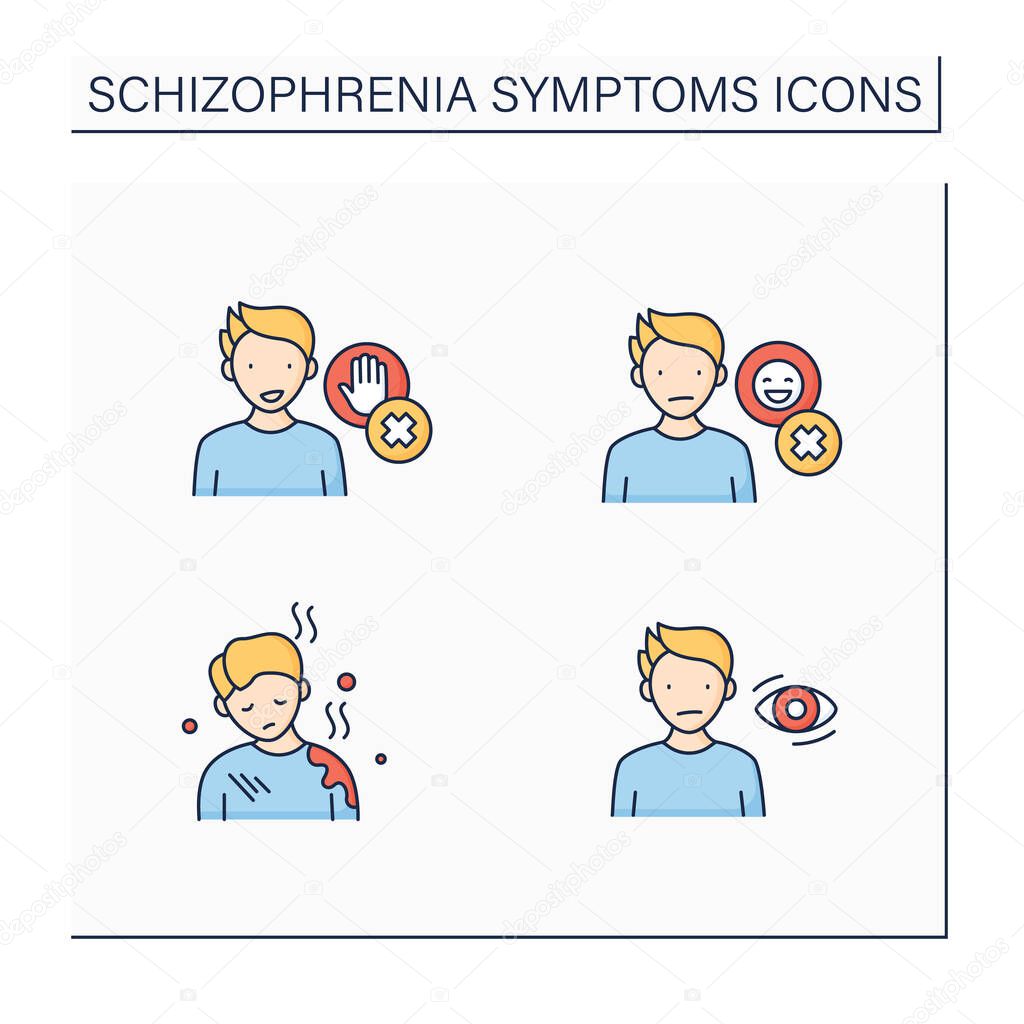 Schizophrenia symptoms color icons set. Poor care, flat, expressionless gaze, emotional expression, Inhibition lack.Healthcare concept. Isolated vector illustrations