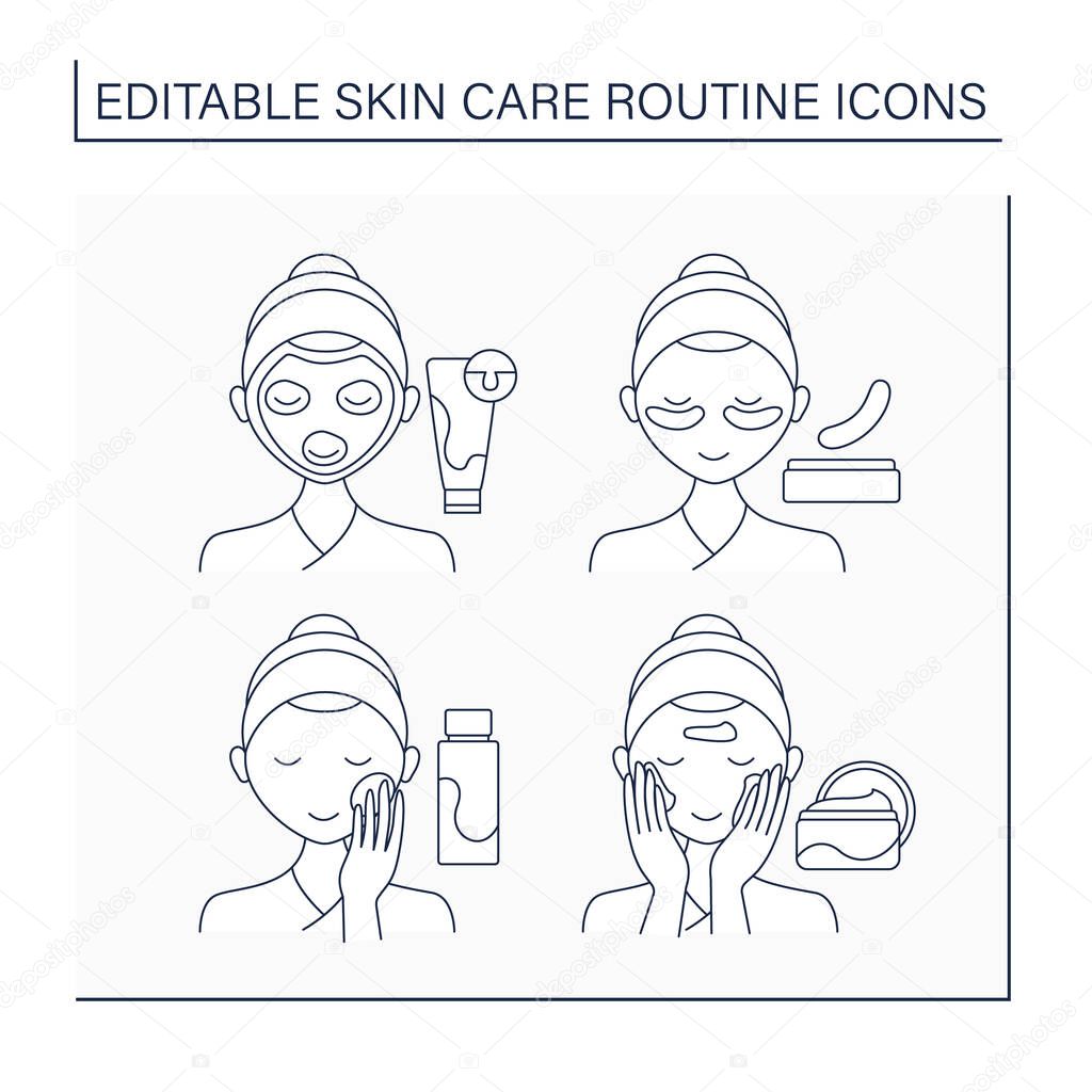 Skin care routine line icons set
