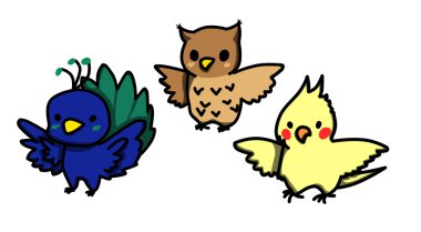 Çizgi film dizi şirin kuş tarz. Tavus kuşu. Baykuş. Petsupplies