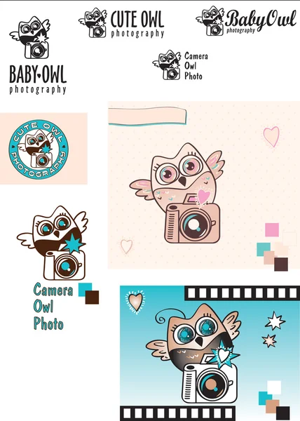 Şirin Bebek-baykuş fotoğrafçı logosu varyasyonları. Baykuş ile bir fotoğraf makinesi. Siyah ve beyaz. Renk. Dekoratif öğeler. — Stok Vektör