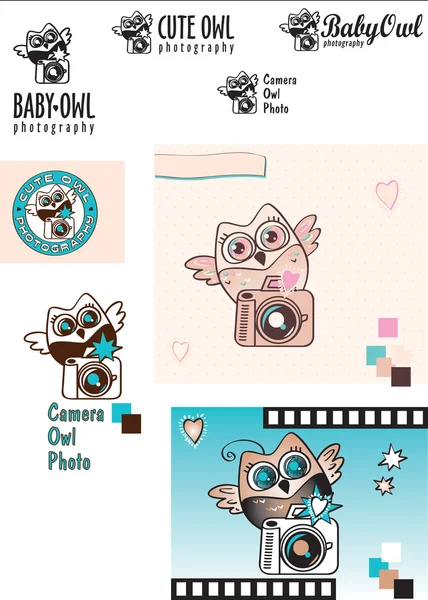 Şirin Bebek-baykuş fotoğrafçı logosu varyasyonları. Baykuş ile bir fotoğraf makinesi. Siyah ve beyaz. Renk. Dekoratif öğeler.